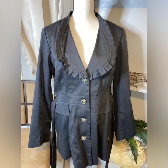 Blue Medium Ruffle Tie Waist Button Women’s Trench Coat Jacket GUC Faux Pockets - Picture 6 of 12